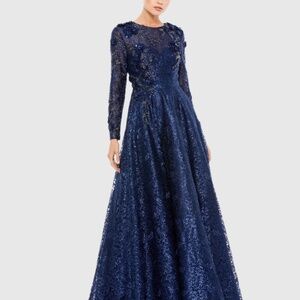 MAC DUGGAL EMBELLISHED ILLUSION LONG SLEEVE A LINE GOWN